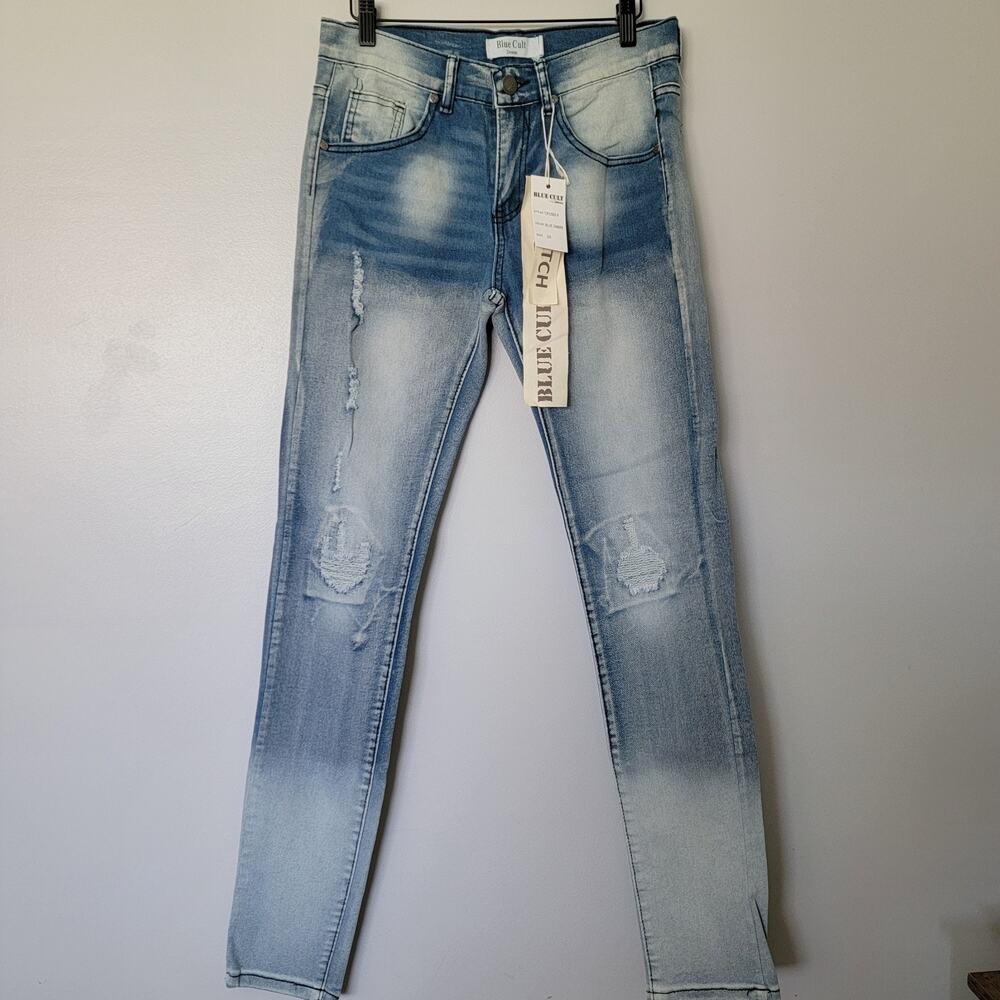 Blue Cult Jeans Mens 28 Blue Ombre Distressed Rocker Punk Edgy Stretch NWT